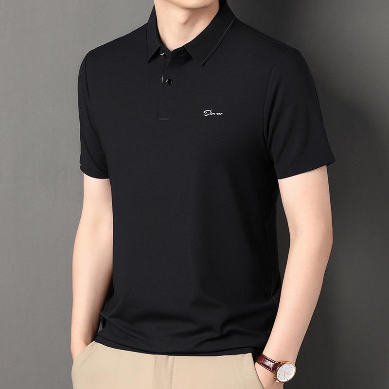 

Летняя дышащая деловая рубашка поло с короткими рукавами, мужская повседневная бесшовная футболка с высокими эластичными лацканами, однотонная свободная XXXXL