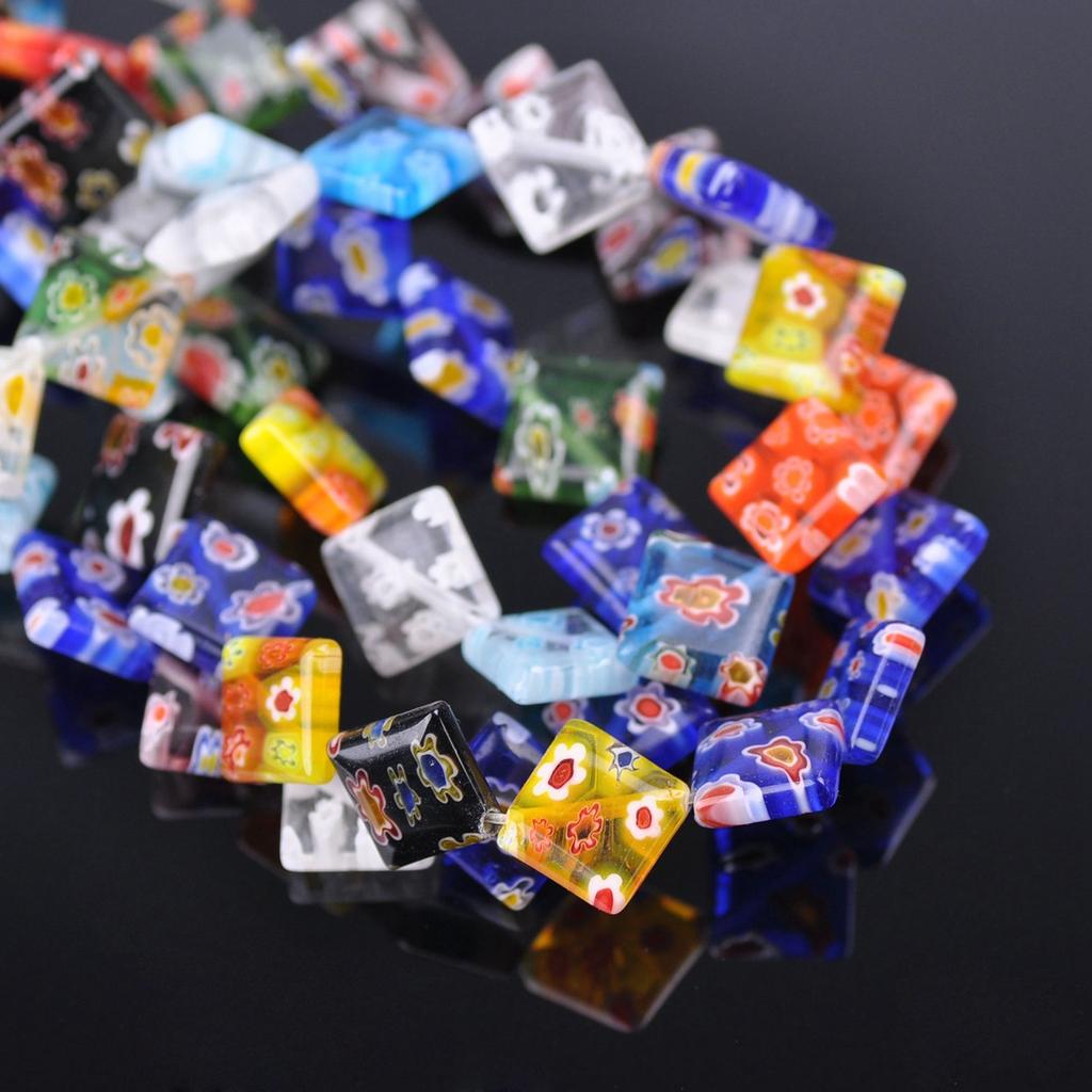 20pcs Diagonal Square Shape Mixed Flower Patterns 10mm 14mm Millefiori Glass Loose Beads for DIY Crafts Jewelry Making Accessories Findings