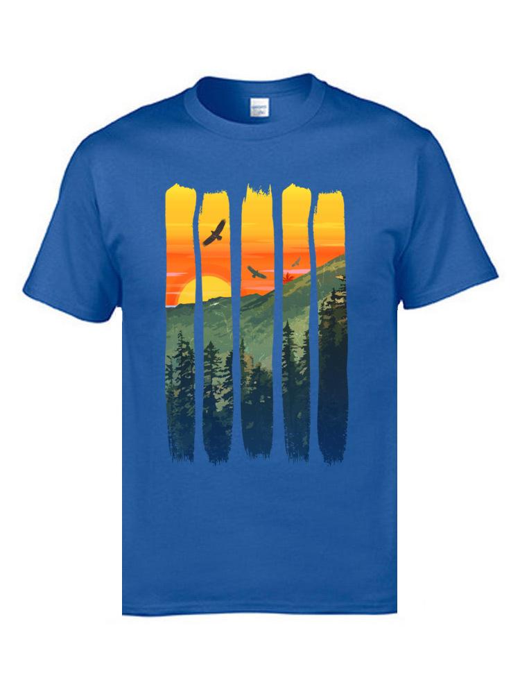 Mountain Sunset Print T-shirt Summer Fashion Casual Men's and Women's T-shirt Pure Cotton Casual O Collar Loose Short Sleeve