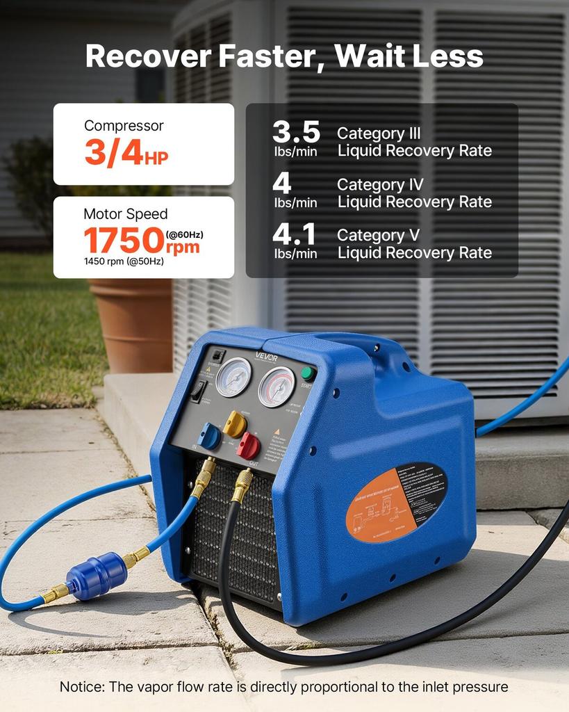Portable Refrigerant Recovery Machine, 3/4 HP 220V 50Hz Single Cylinder AC Recovery Machine for Liquid Vapor Refrigerant, 1450 RPM Recycling Unit HVAC