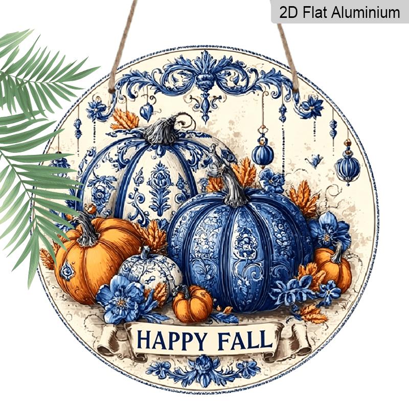 2D Flat Printed, 1pc Blue & White Porcelain Autumn Pumpkin Wall Art - Aluminum Hanging Circular Pediment with Happy Fall Design, Lightweight Durable