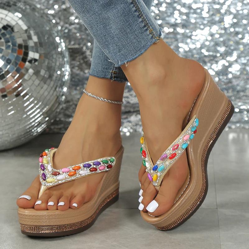 Fashion Colored Rhinestone Chunky Wedges Flip Flops Women Super High Heel Clip Toe Sandals Woman Plus Size Platform Thick Bottom Sandles