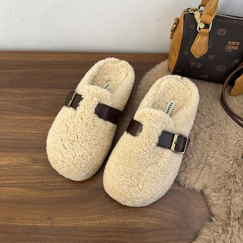 2025 Autumn and Winter New Velvet Boken Shoes Muller Drag Cotton Shoes Bag Head Warm Belt Buckle Flat Bottom Fluffy Slippers Women
