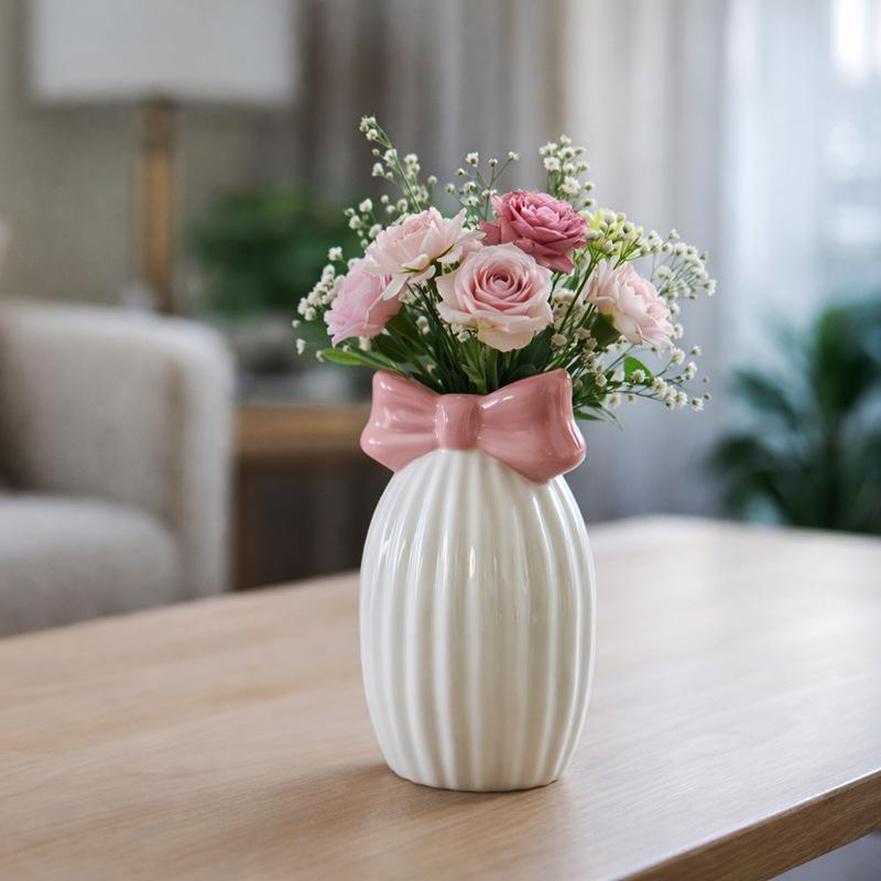 Ceramic Vase Hand-held Flower Arrangement Creative Bow Ceramic Vase Living Room Decor Artificial Flower Container Birthday Gift