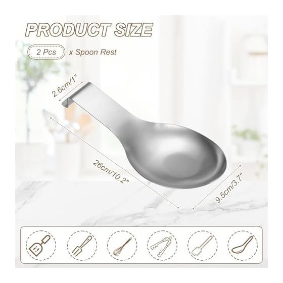 Uxcell Stainless Steel Spoon Rest Set of 2, 25.9x9.5cm Heat Resistant Kitchen Utensil Holder with Hook, Silver