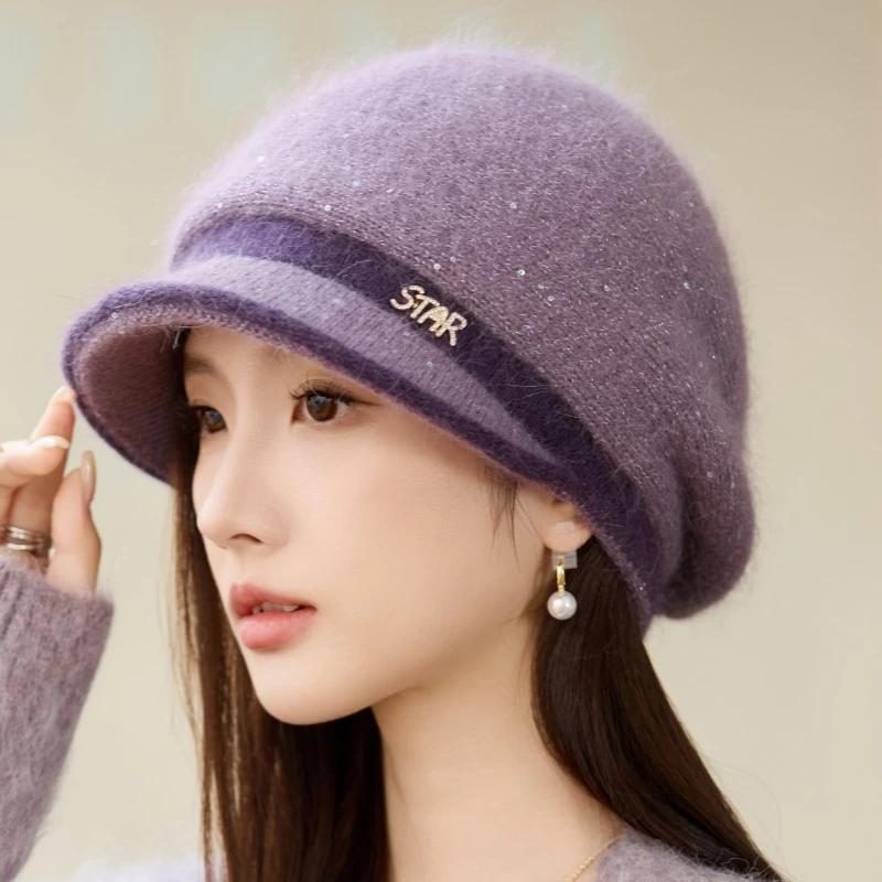 Herbst Winter Damen Pailletten Warmer Reithut Mode Lässiger Kleines Gesicht Hut OneSize violett