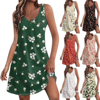 Women's Casual Print Summer Bohemian Beach Dress With Pockets V Neck Tank Dress