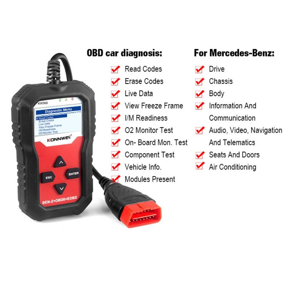 KONNWEI KW360 Full Systems OBD2 Scanner for Benz Professional Car Diagnostic Tool for C300 W204 W205 W211 ABS Airbag Oil Reset