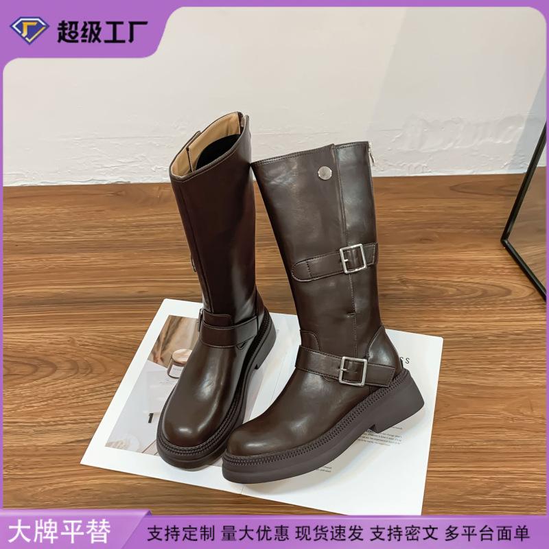 Soft leather mid-height boots Western cowboy boots Women's belt buckle Korean version retro knight boots Brown boots over the knee