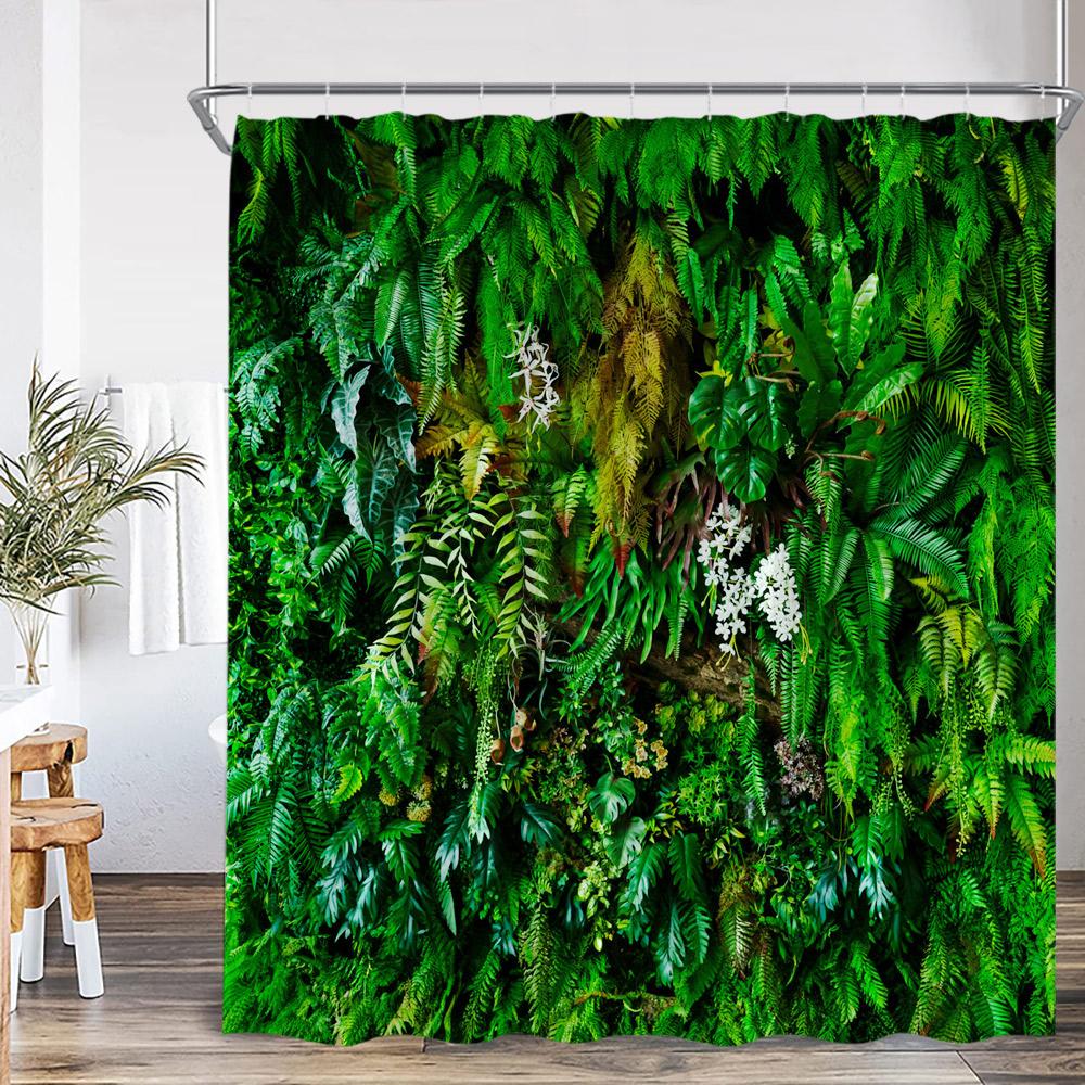 Natürliche Landschaft Wasserfall Wald Duschvorhang Landschaft Grüne Blätter Pflanzen Badezimmer Dekor Polyester Duschvorhang für Zuhause