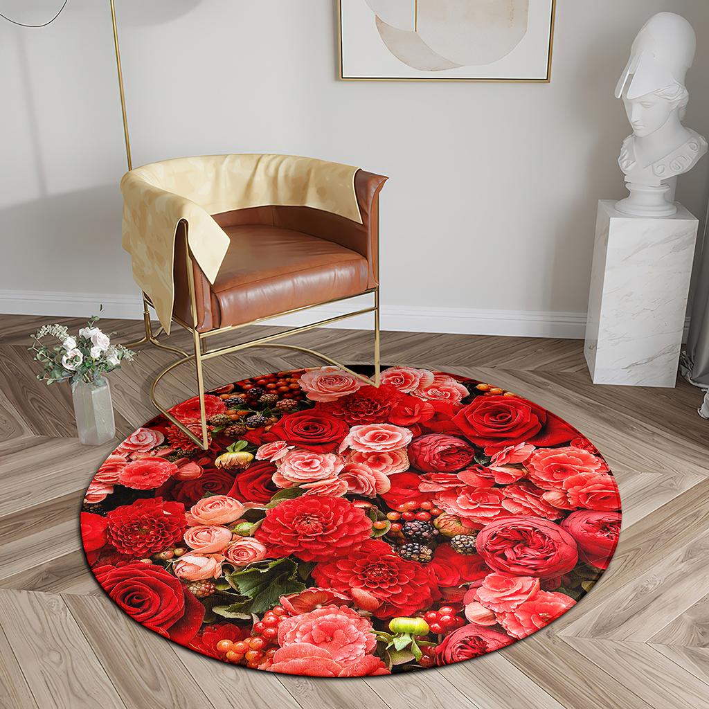 Luxurious Red Floral Pattern Round Shape Floor Mats Kitchen Hallway Runner Rug Bedroom Living Room Soft Carpet Non-slip Area Rug