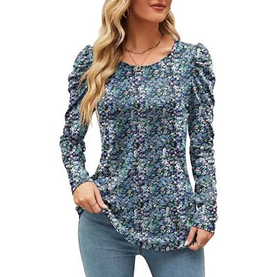 Damenbekleidung Herbst Winter T-Shirt für Frauen Blumendruck Rundhals Langarm Top