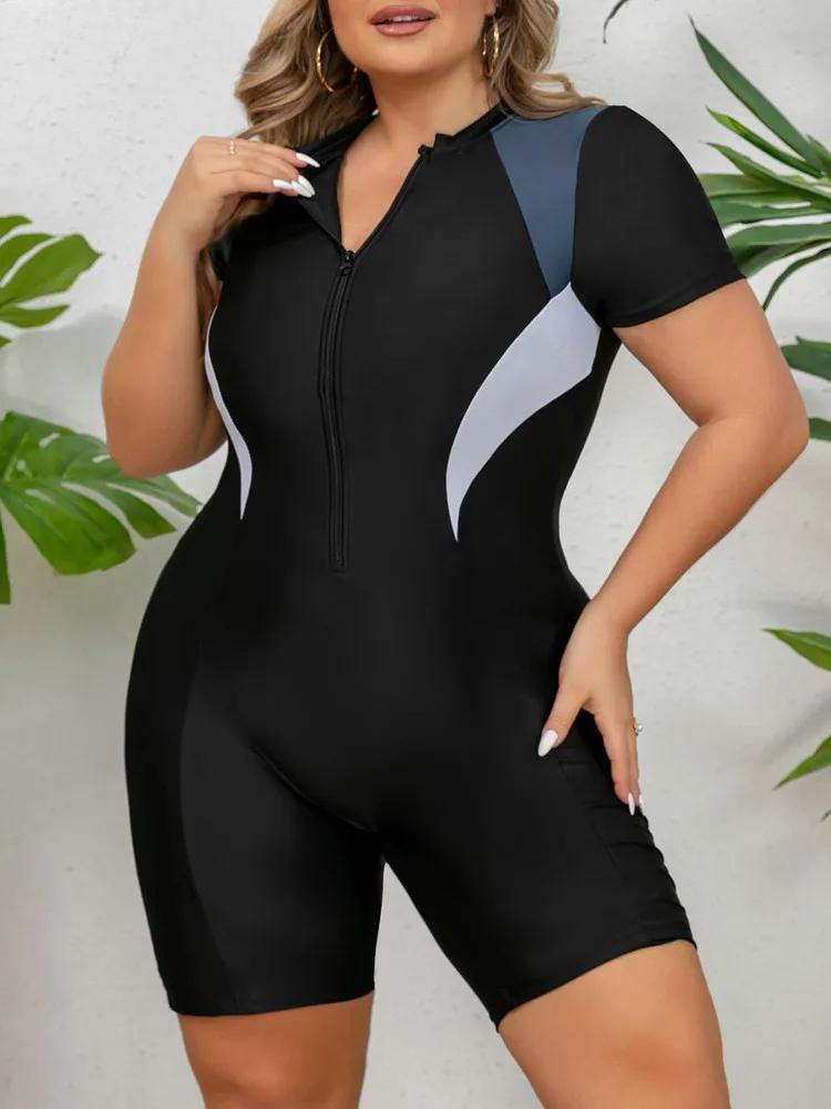 Solid Plus Swimwear 2025 Size Women Short Sleeve Large One Piece Swimsuit Lady Patchwork Big Swimwear Curvy Chubby Bathing Suit