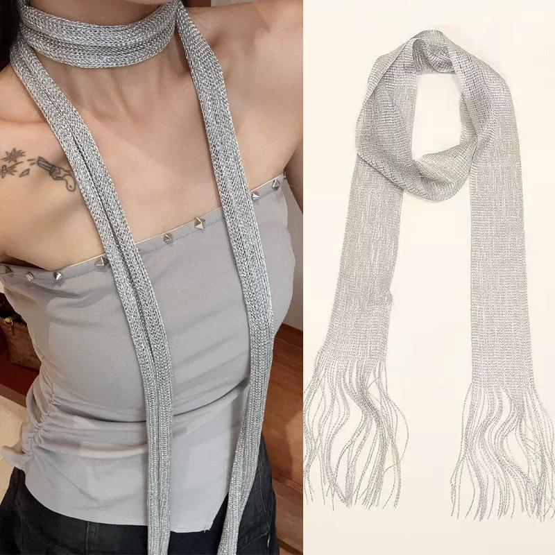 

Fashion Shiny Lace Tassel Scarf Women Gold Silver Metallic Yarn Long Wrap for Nightclub Party Evening Dress Sunscreen Shawl 8x200cm серебряный