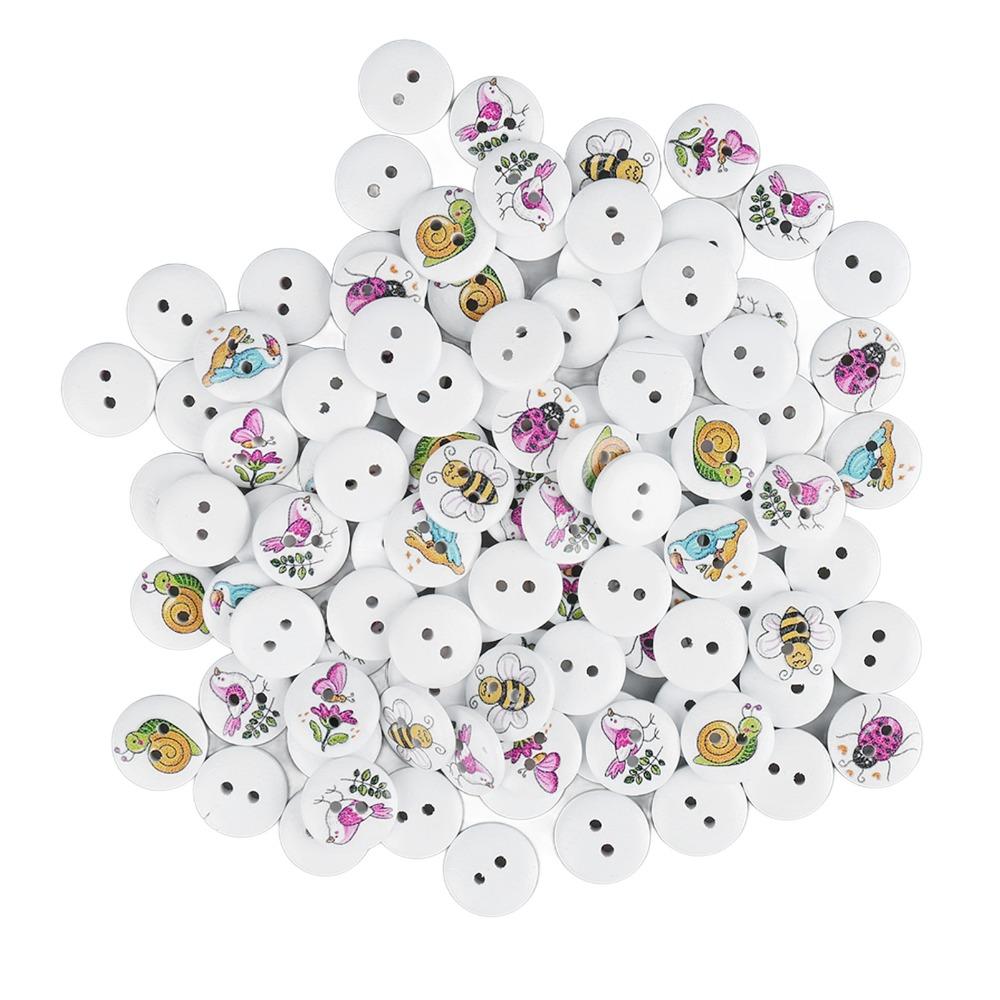 100pcs 0.6 Inch Wooden Buttons 2 Holes Round Buttons Cartoon Decorative Buttons  For DIY Crafts