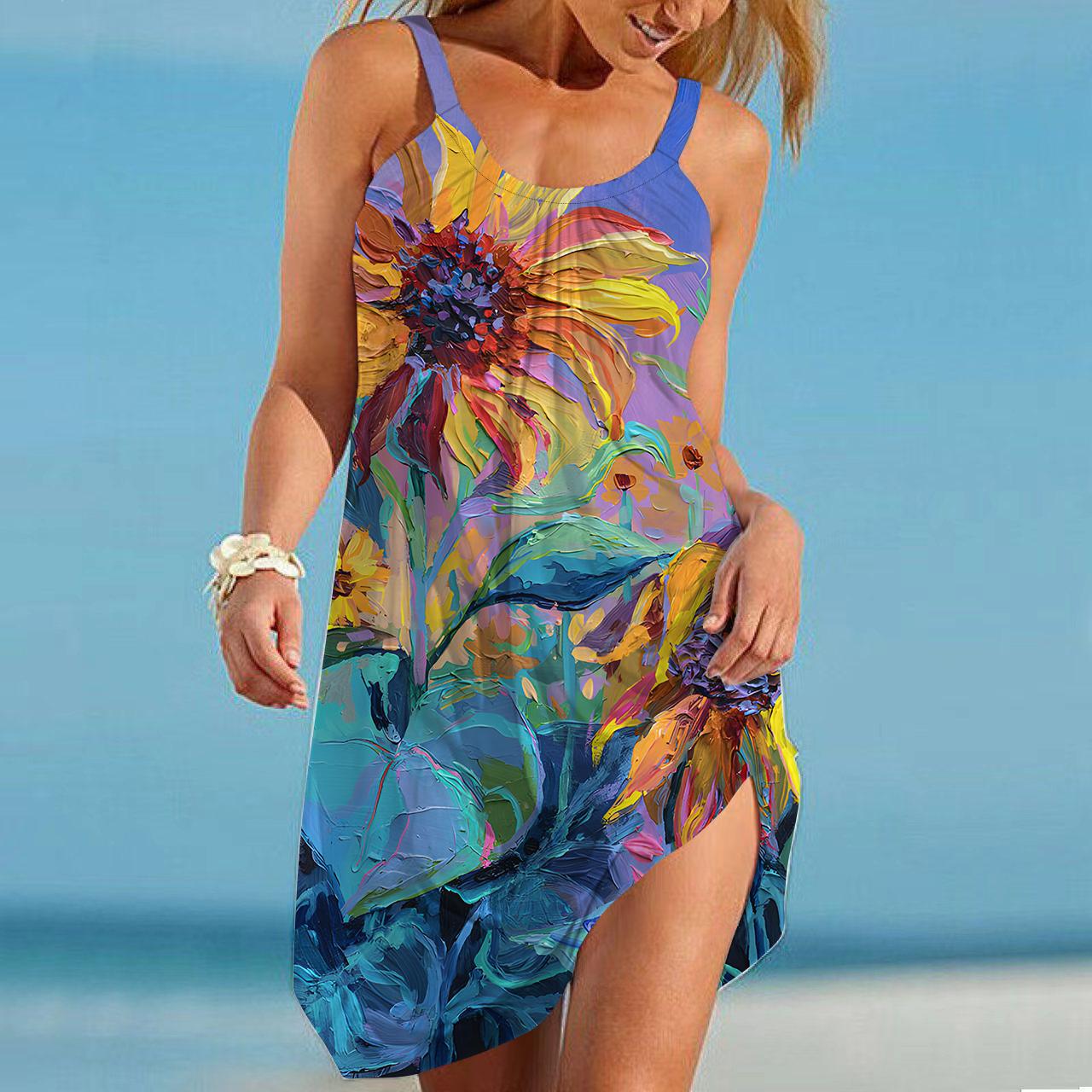 

Женское пляжное платье, пляжная одежда, мини-платье с принтом подсолнуха, повседневное современное платье без рукавов, свободного кроя, для улицы, повседневное, розового и синего цвета, лето 2XL фиолетовый
