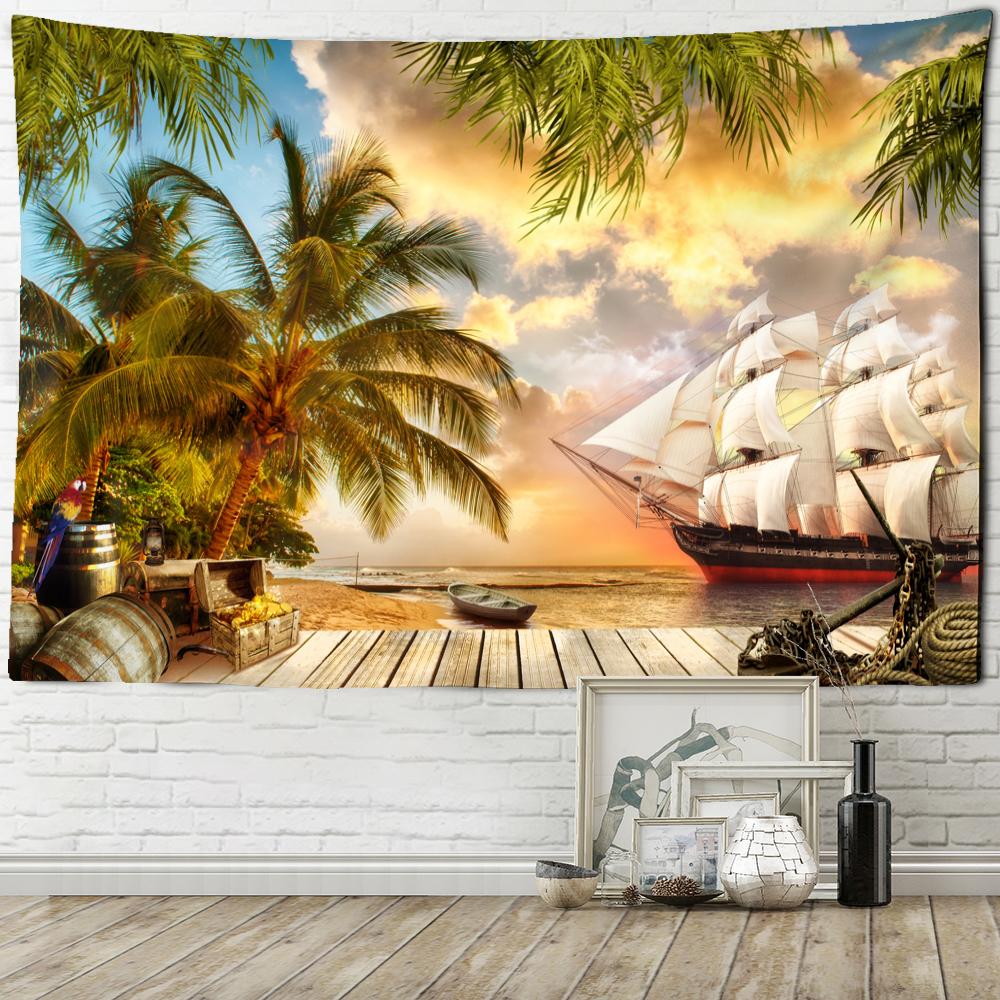 Sunset Coconut Tree Sailboat Tapestry Wall Hanging Boho Aesthetic Room Art Simple Dorm Living Room Decor