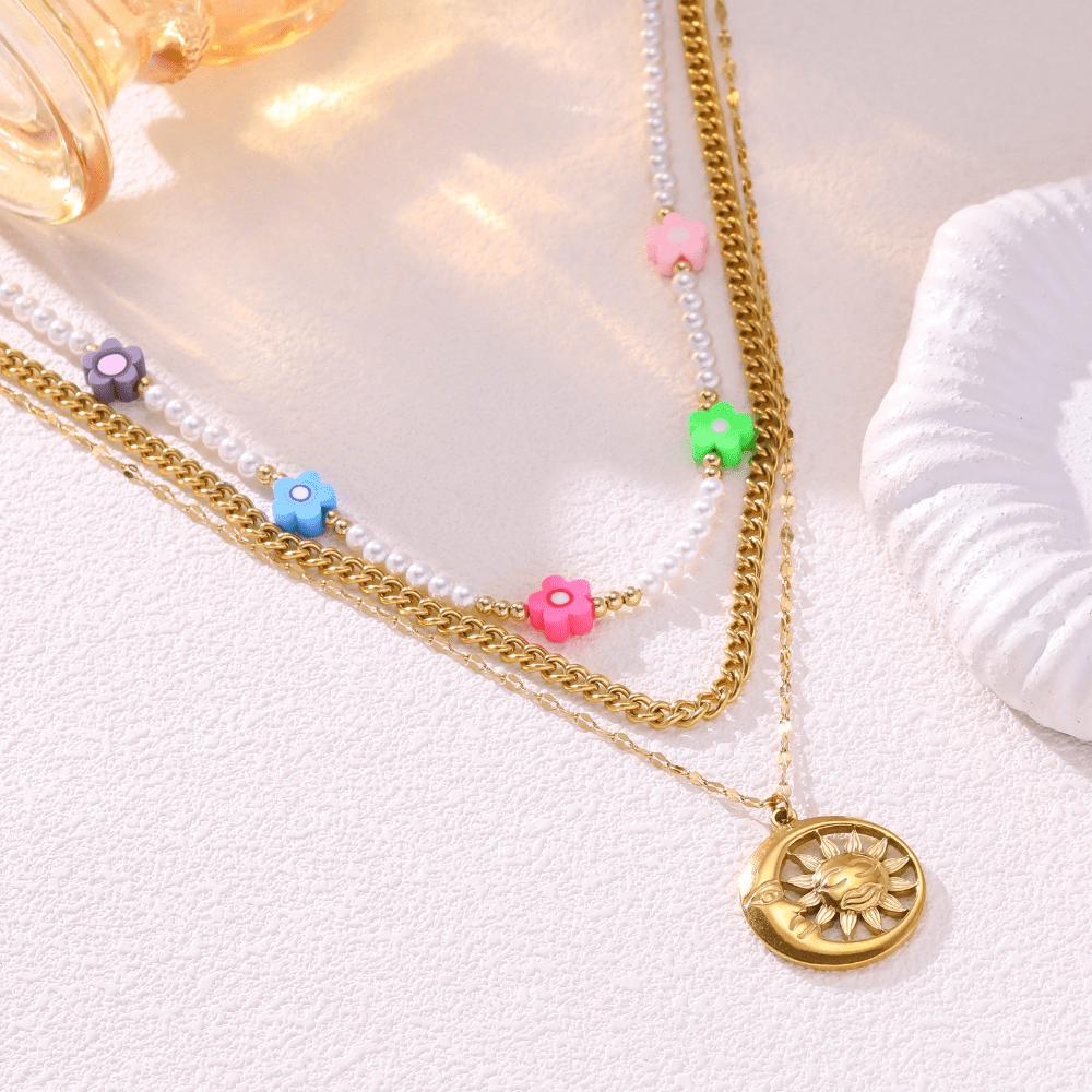 Small Flower Three-layer Necklace Round Card Stacked Fashion Trend Collarbone Chain