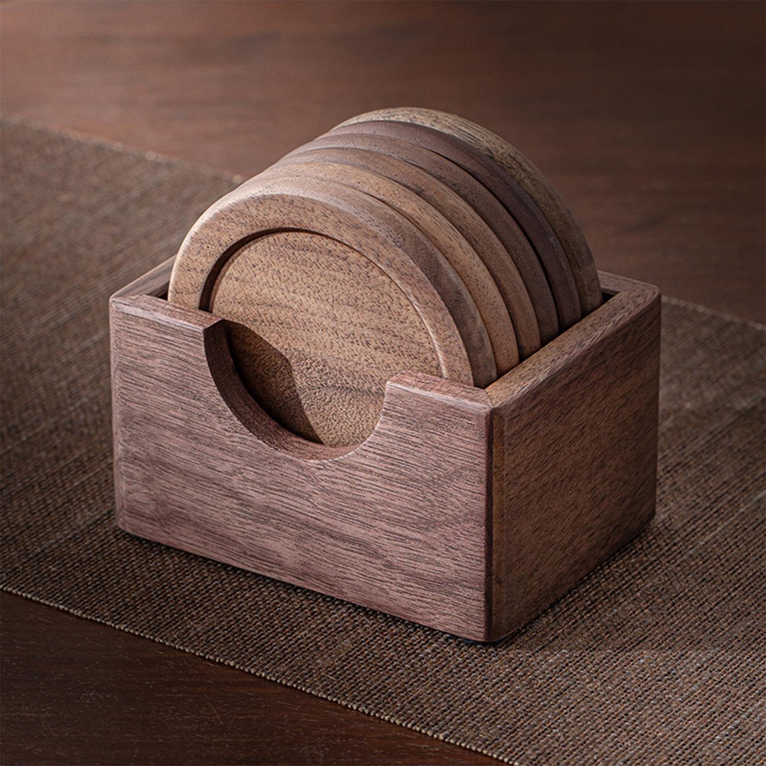 Подставки под чай и кофе из орехового дерева с деревянной подставкой, круглый набор деревянных подставок для чашек для домашнего стола 11x7x10.2 cm коричневый