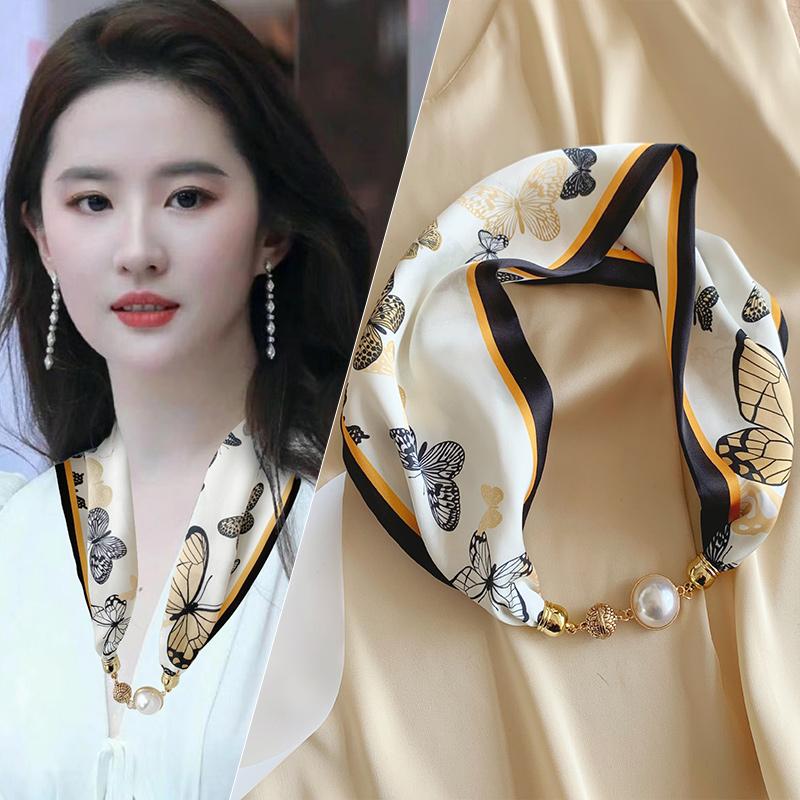Magnetic Buckle Small Scarf 2023 Women s Autumn/Winter Necklace Pearl Necklace with Shirt Scarf Accessory Pearl Buckle