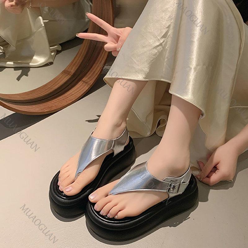Fashion Thick Bottom Flip Flops Roman Sandals Fashion Women Summer Shoes Black Sliver 7cm High Heels Platform Buckle Sandalias De Mujer