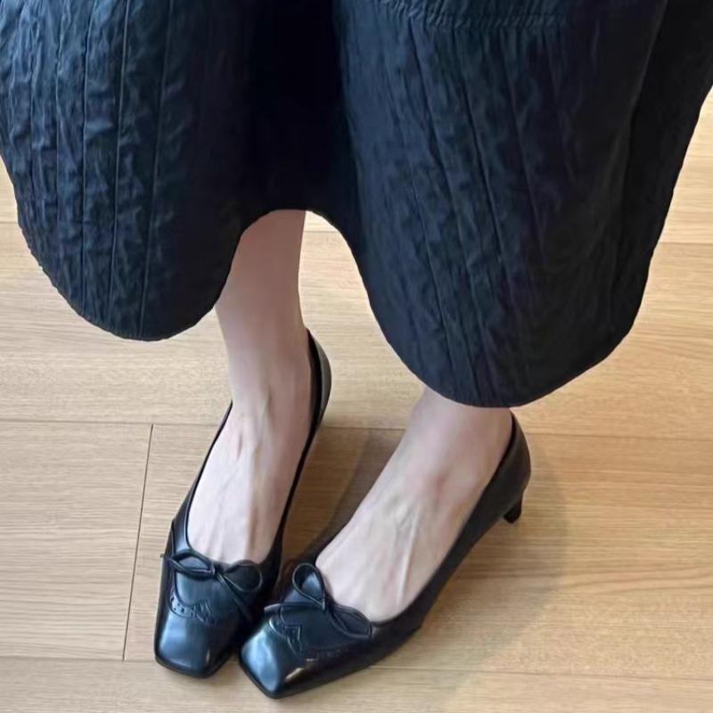 Fashion Women's Spring Heel Shoes New Style Square Head Shallow Mouth Splicing Butterfly Knot Set Foot Non-slip Single Shoes