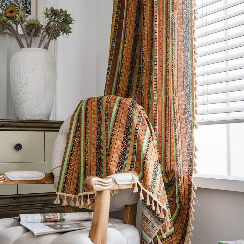 American Bohemian Style Red Gilding Stripe Cotton Linen Printing Semi Transparent Living Room Blackout Home Window Curtain