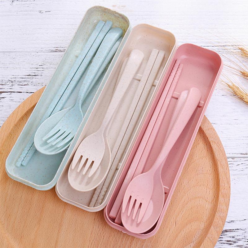 1Set Wheat Straw Portable Tableware Set - Eco-Friendly Fork Spoon Chopsticks, BPA-Free Plastic Utensils for Home Outdoor Travel