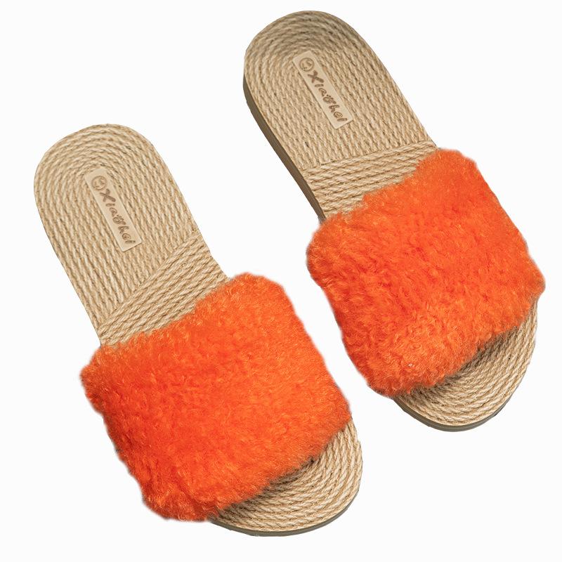 New winter plush cute outer wear women's fluffy slippers indoor open-toed flat-bottomed home slippers