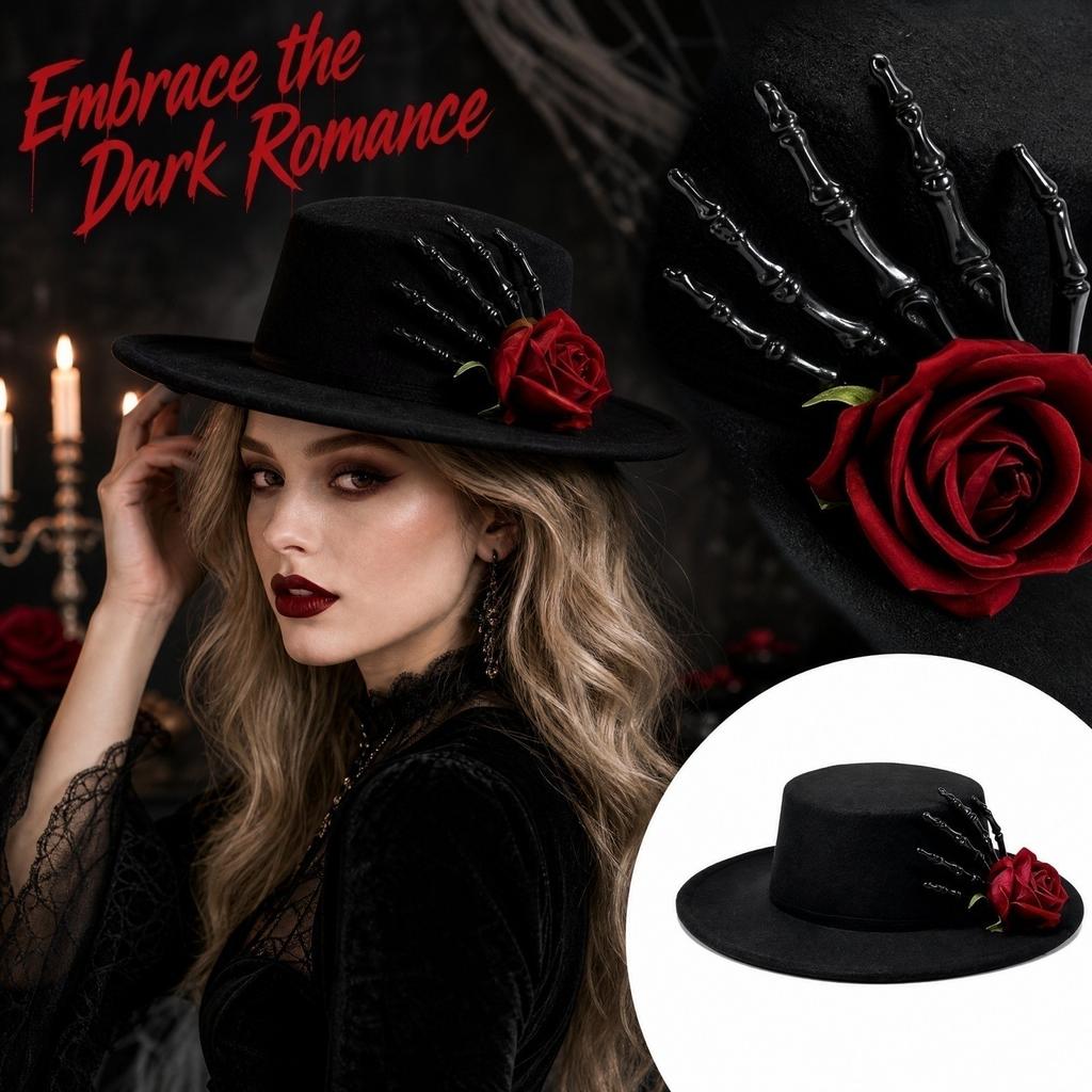 Halloween Wool Top Hat with Hand and Red Rose Decoration