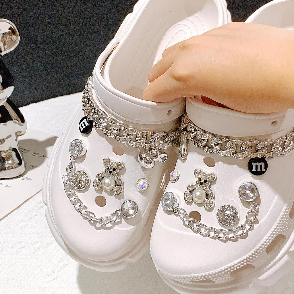 Fibbia a Catena con Orsetto Abbraccio e Strass per Scarpe con Foro Accessori Fai da Te