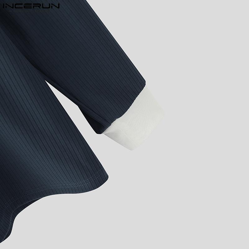 INCERUN Herbst Herren Spitze Revers V-Ausschnitt Langarm Rippstrick Casual Pullover Tops