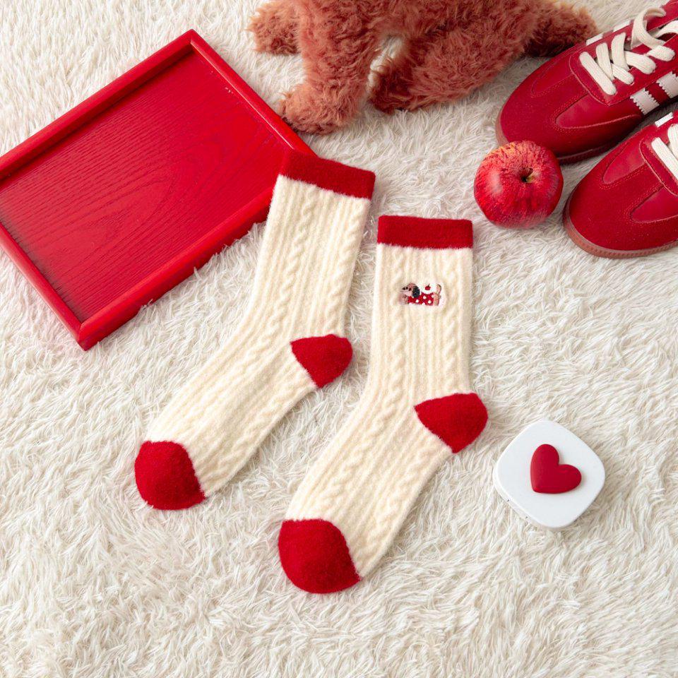 

Australian Women s Wool Winter Socks, Red Velvet, Zodiac Dog Embroidery, Warm Sleepwear for Christmas One Size