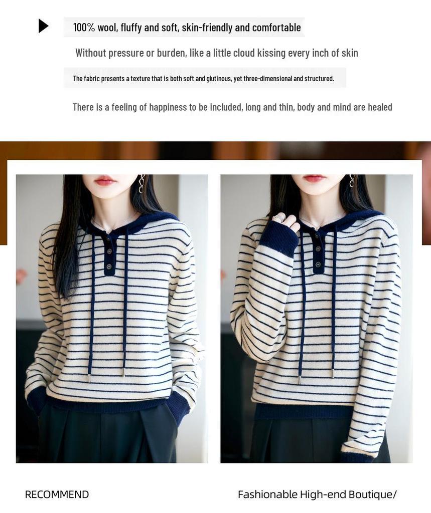 Women's Casual Wool Striped Hoodie - Three-Button, Color-Block, Loose Fit for Spring/Autumn