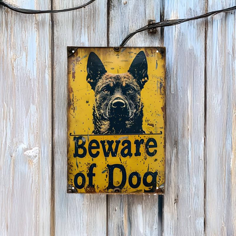 Vintage German Shepherd Iron Metal Sign - "Beware of Dog" Warning, Durable Tin Plate for Home & Outdoor Use, Rustic Distressed
