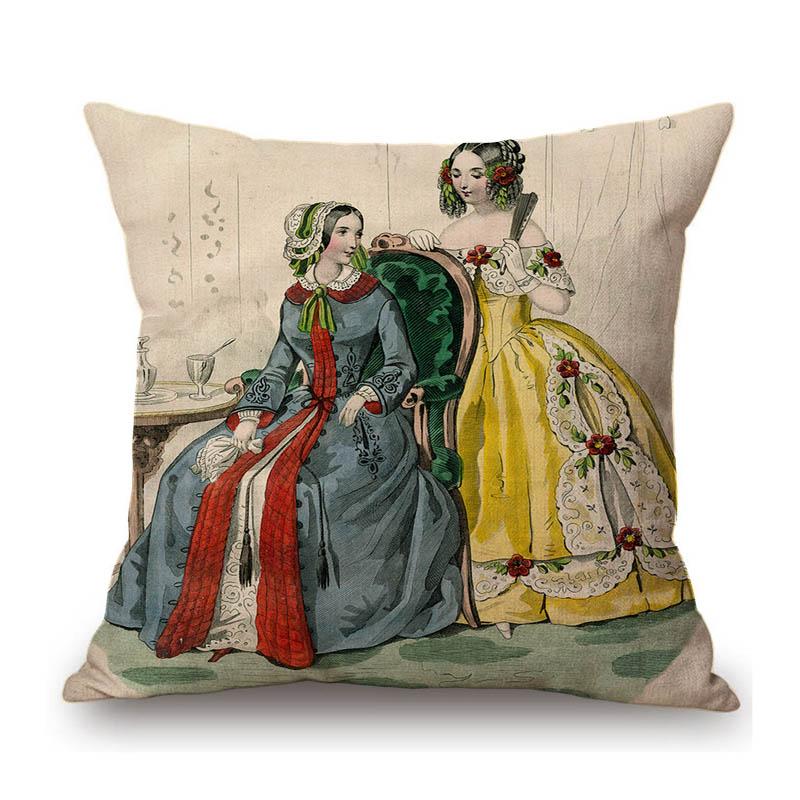Antique Fashion Book Ettiquette Lady Dress European Costume Elegant Wear Cotton Linen Sofa Throw Pillow Case Chair Cushion Cover