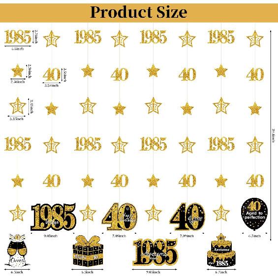 Pre-Strung Black Gold 40th Birthday Decorations for Men Women, Glitter Star Twinkle Number 40 Years Old Vintage 1985 Hanging Streamer Banner Happy