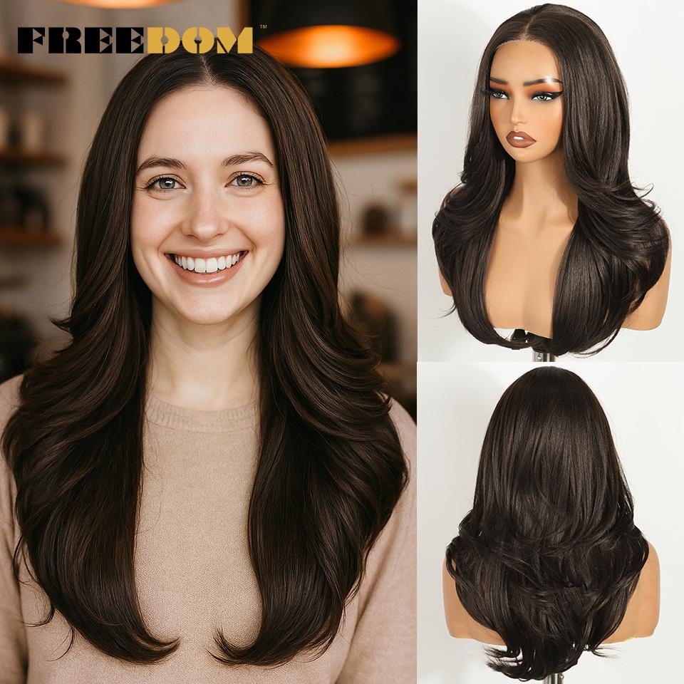 FREEDOM Layered Synthetic Lace Front Wigs For Women 20 Inch Ombre Blonde Wavy 6X4 Pre Plucked Wear And Go Glueless Lace Wigs