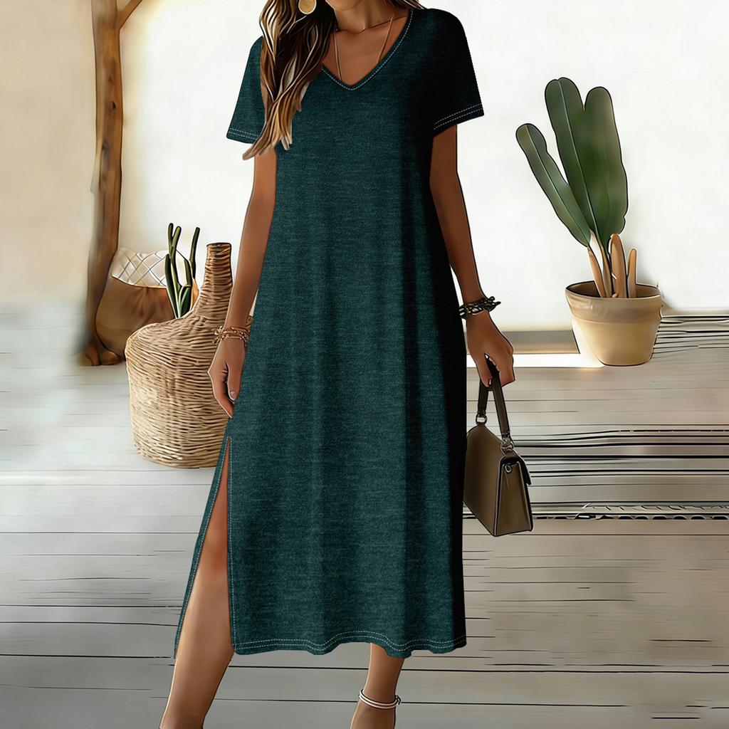 Damen Casual Lockerer V-Ausschnitt Kurzarm Rock Mit Schlitz Am Saum Und Mittellangem Design