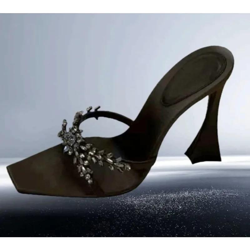 Summer Women's High Heel Sandals Cross Rhinestone Square Head Open Toe Sandals Silk Sexy Stiletto High Heels Mules