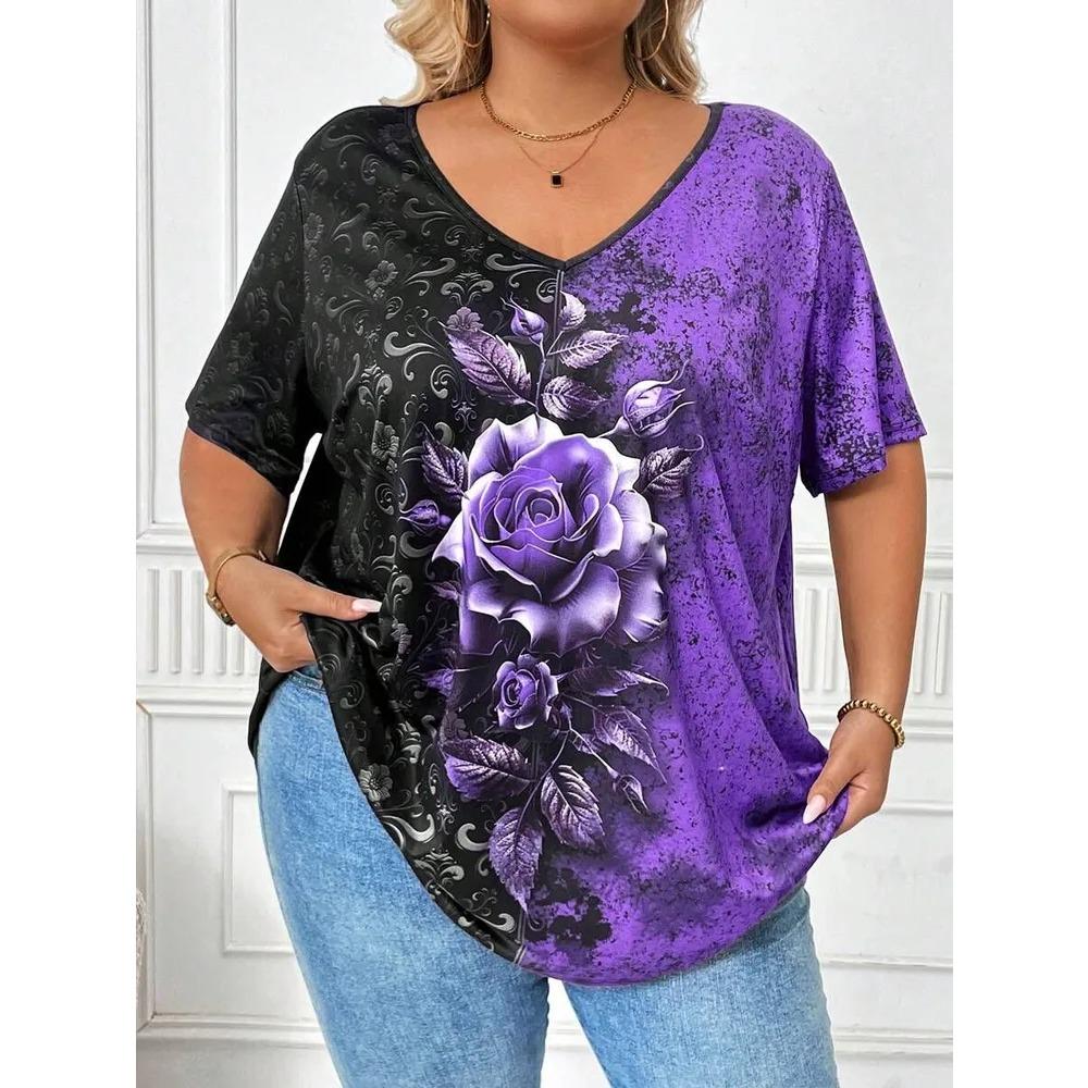 Summer V-neck Flower Pattern 3D Printed Top Fashionable Casual Short Sleeved Plus Size Women's T-shirts