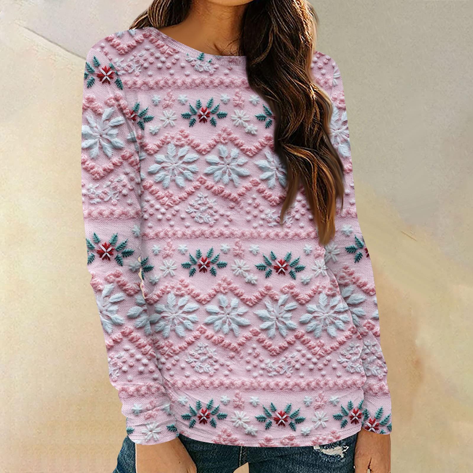 

Женские рубашки с длинным рукавом и круглым вырезом, повседневные топы, туники с рождественским принтом, свободные футболки XL