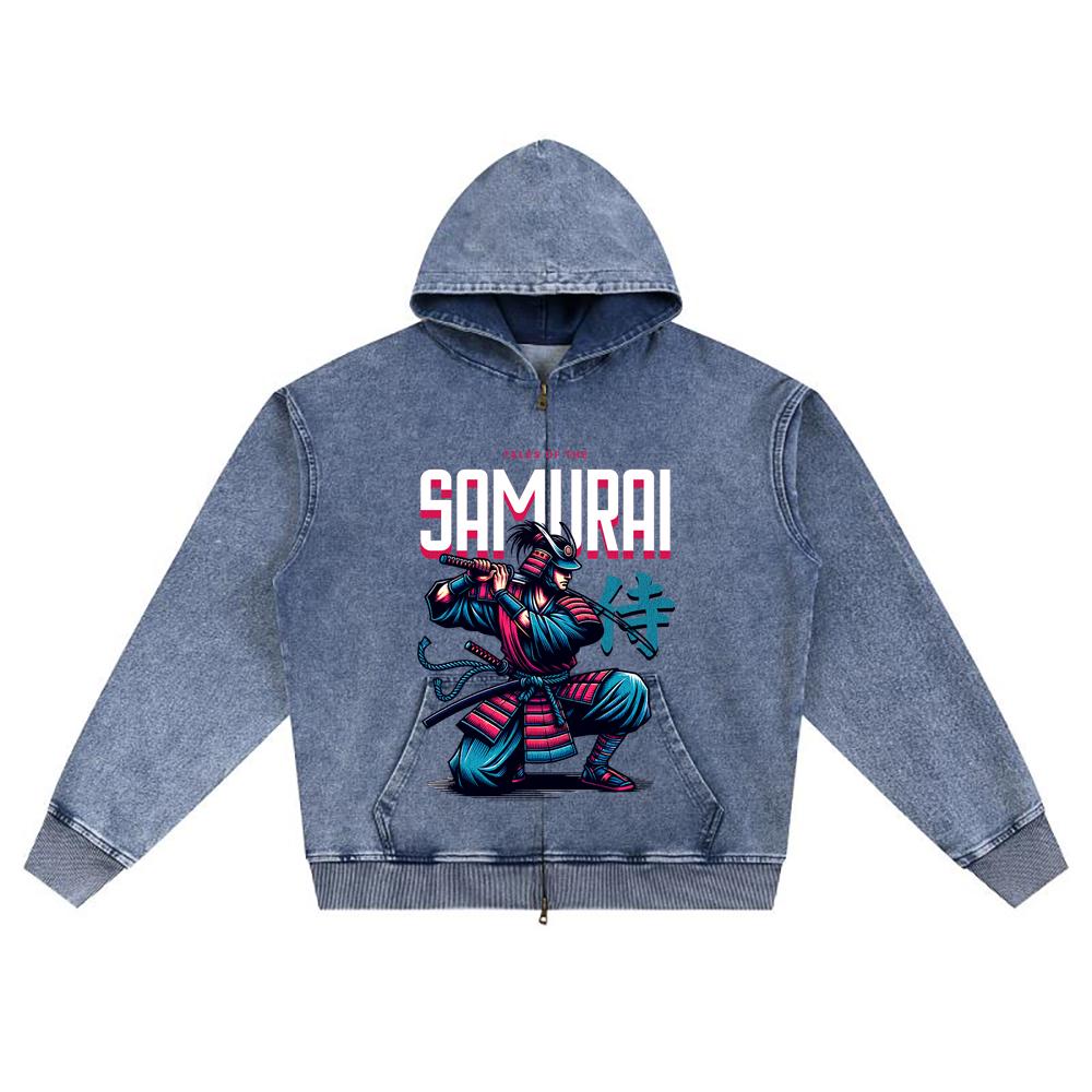 DTG print Knitted Denim Zip-Up Hoodie Japan Samurai Brother Print Zipper Hoodies  