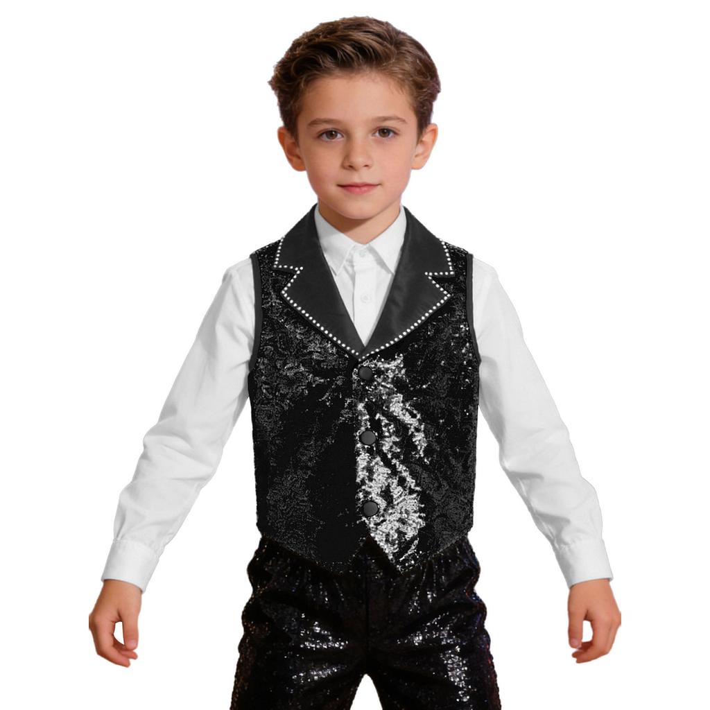 Boys Girls Sparkly Sequin Vest Contrast Lapel Collar Sleeveless Asymmetrical Waistcoat for Stage Performance Costume Tops