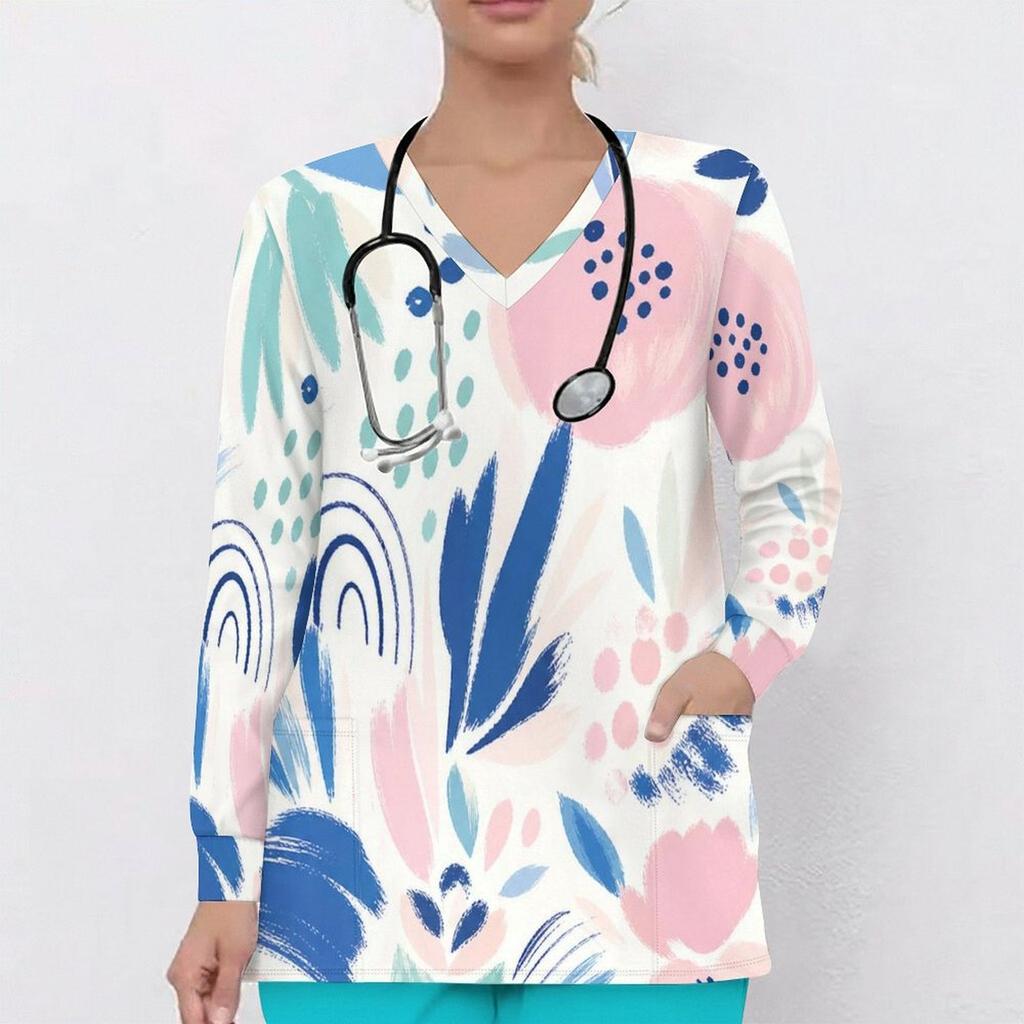 Women Plus Size Printed V Neck Long Sleeve Nurse Scrub Top With Front Pockets