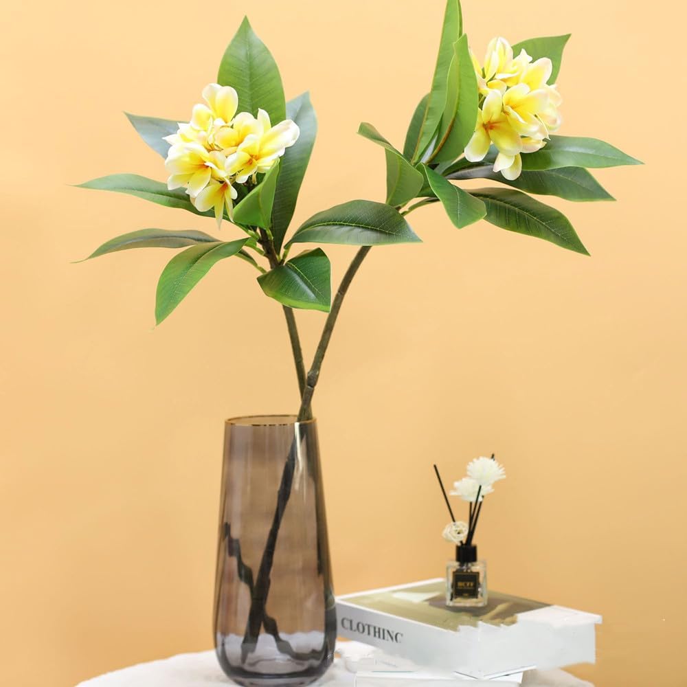 XIYUAN 35.5 Inch Artificial Flowers Artificial Frangipani Flower 2 Stems Lifelike Real Touch Artificial Plumeria Flowers for Home Party Wedding