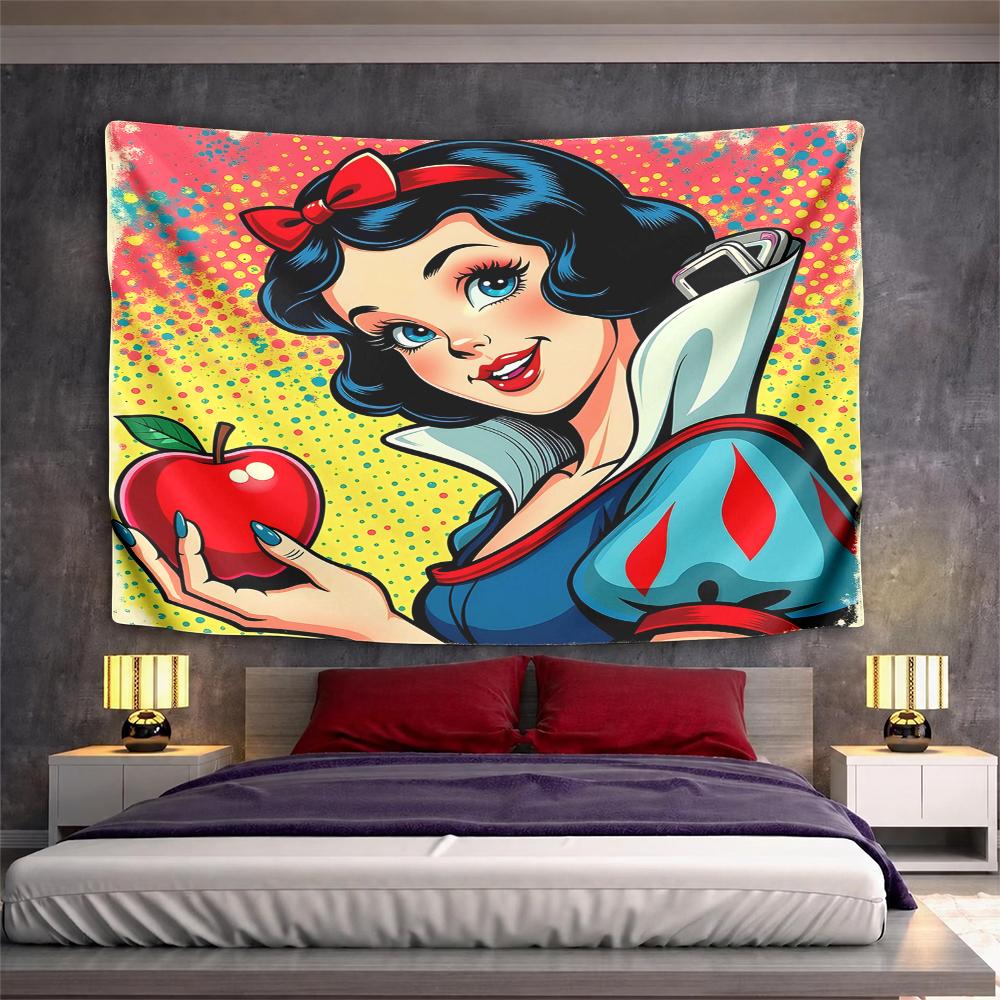 Landscape Wall Tapestry Pop-Art Snow White Holding Red Apple, Halftone Dots Retro, Wide Decor for Adult Fan Collector