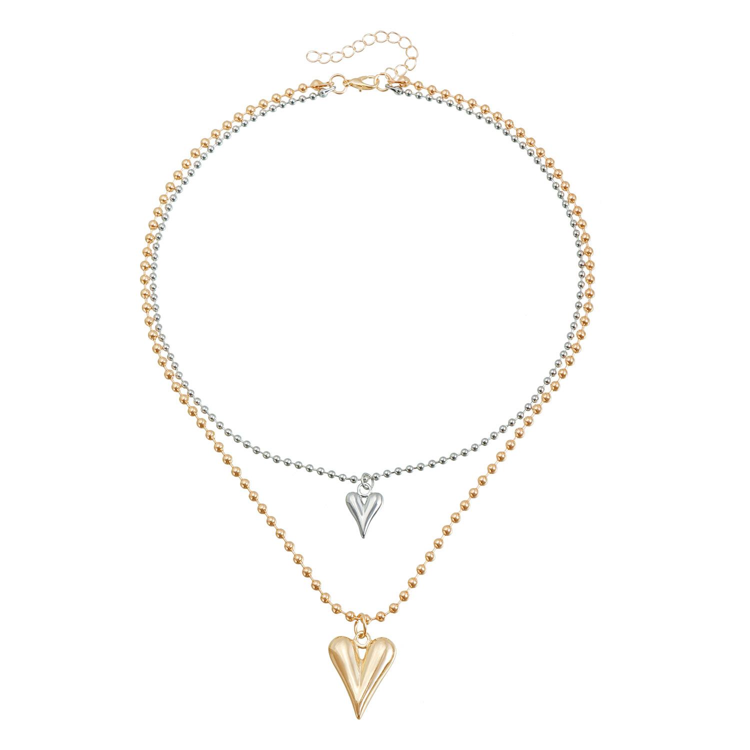 

European and American jewelry INS light luxury fashion double-layer bead chain love collarbone chain high-end splicing mixed color necklace
