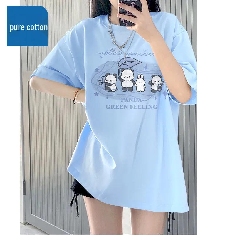 

Женская хлопковая футболка небесно-голубого цвета «Дофамин» - Лето 2024 Свободная, Омолаживающая, с коротким рукавом 2XL (131-145 jin)