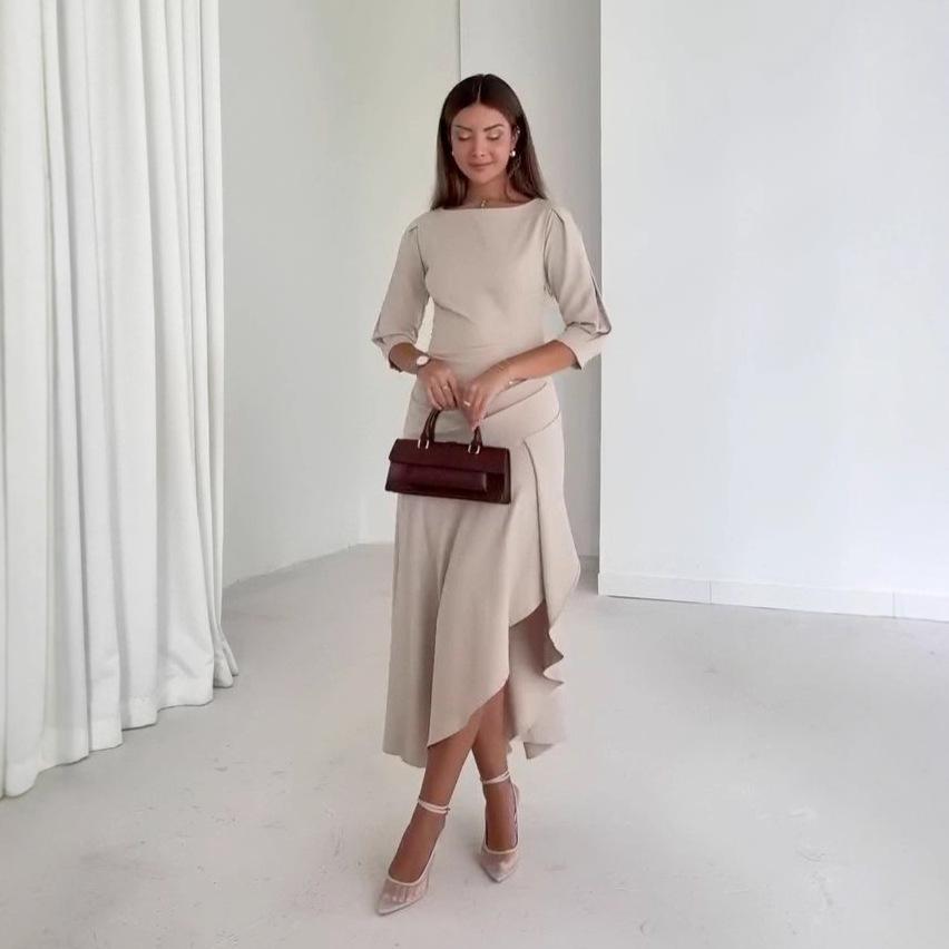 

Осень 2025 Элегантное женское платье с длинным рукавом и асимметричной талией XL абрикосовый